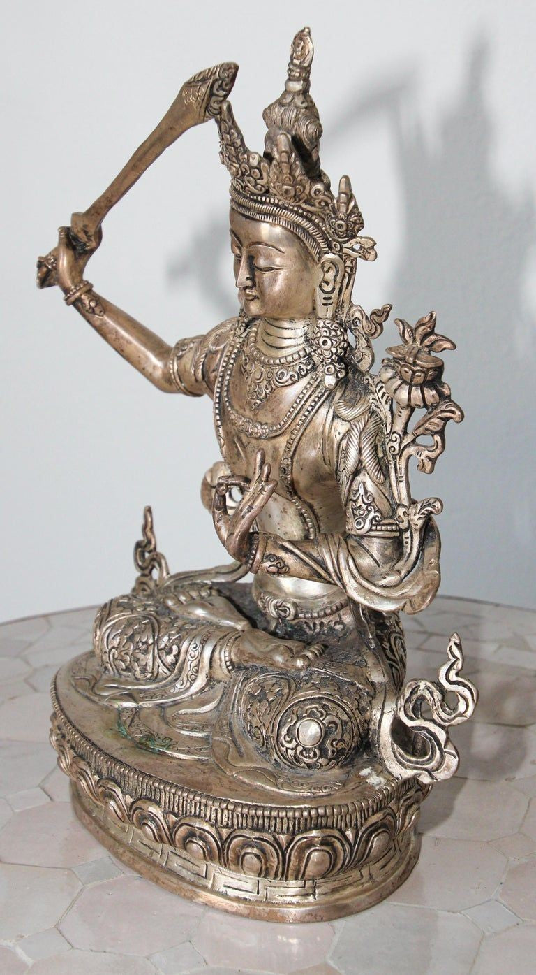 Silvered Metal Manjushri, Sino, Tibetan Buddhist Deity