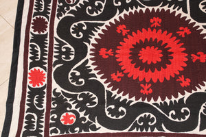 Vintage Red and Black Samarkand Suzani, Uzbekistan Embroidered Textile