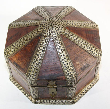 Large Asian Decorative Wooden Jewelry Box with Hammered Brass Metal Overlay