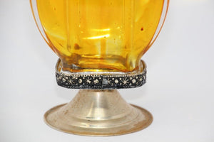Moroccan Amber Footed Glass Perfume Bottle Sprinkler with Embossed Metal Overlay