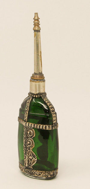 Moorish Green Glass Perfume Bottle Sprinkler with Embossed Metal Overlay
