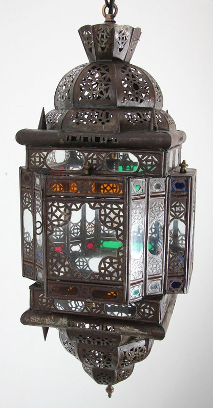 Vintage Moroccan Moorish Bronze Metal & Multicolor Glass Hanging Lantern