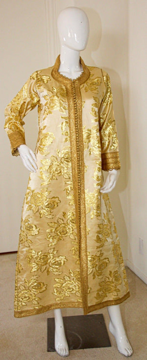Moroccan Caftan Gold Damask Embroidered, Vintage, 1960s