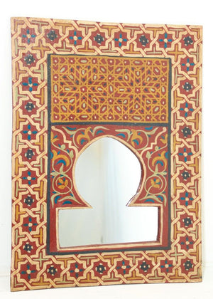 Vintage Moroccan Mirror Hand Painted with Red and Amber Moorish Design