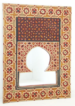 Vintage Moroccan Mirror Hand Painted with Red Moorish Design