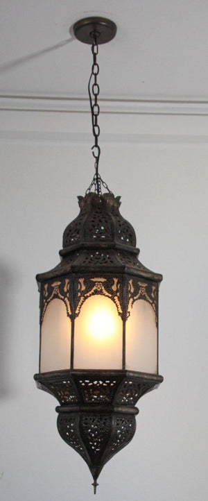 Moroccan Moorish Hanging Metal Lantern with Milky Glass