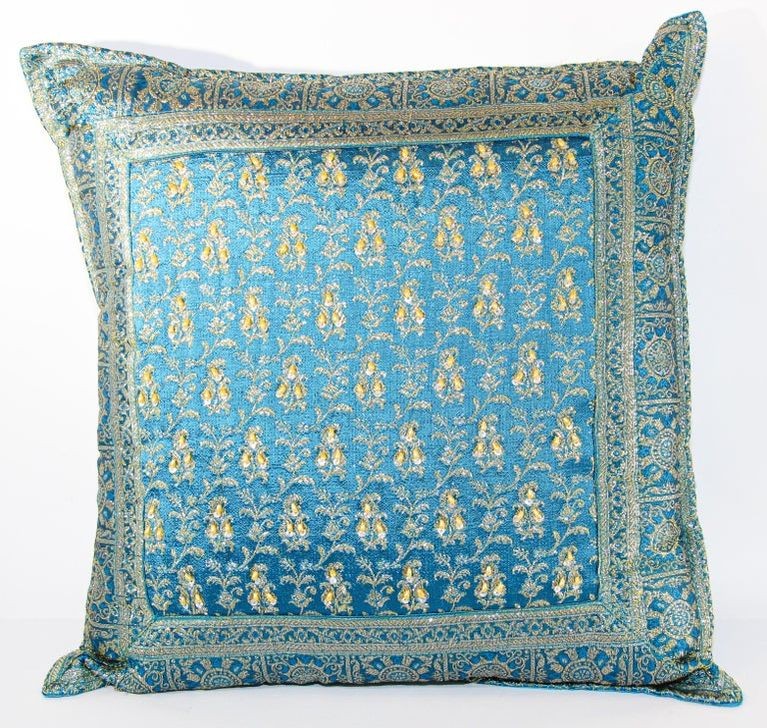 Turquoise Mughal Style Decorative Throw Pillow Embellished with Sequins and Beads