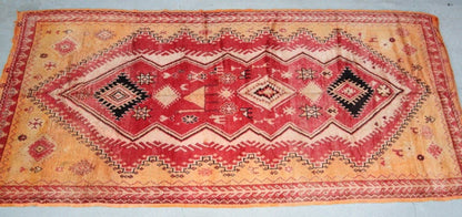 Vintage Moroccan Berber Rug in Saffron, Coral and Black, 71 x 145 in, 1960s
