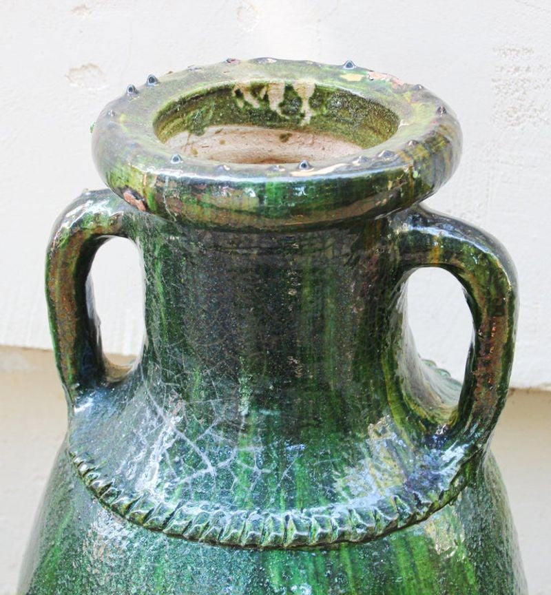 Vintage Moroccan Tamgroute Green Olive Jar with Handles