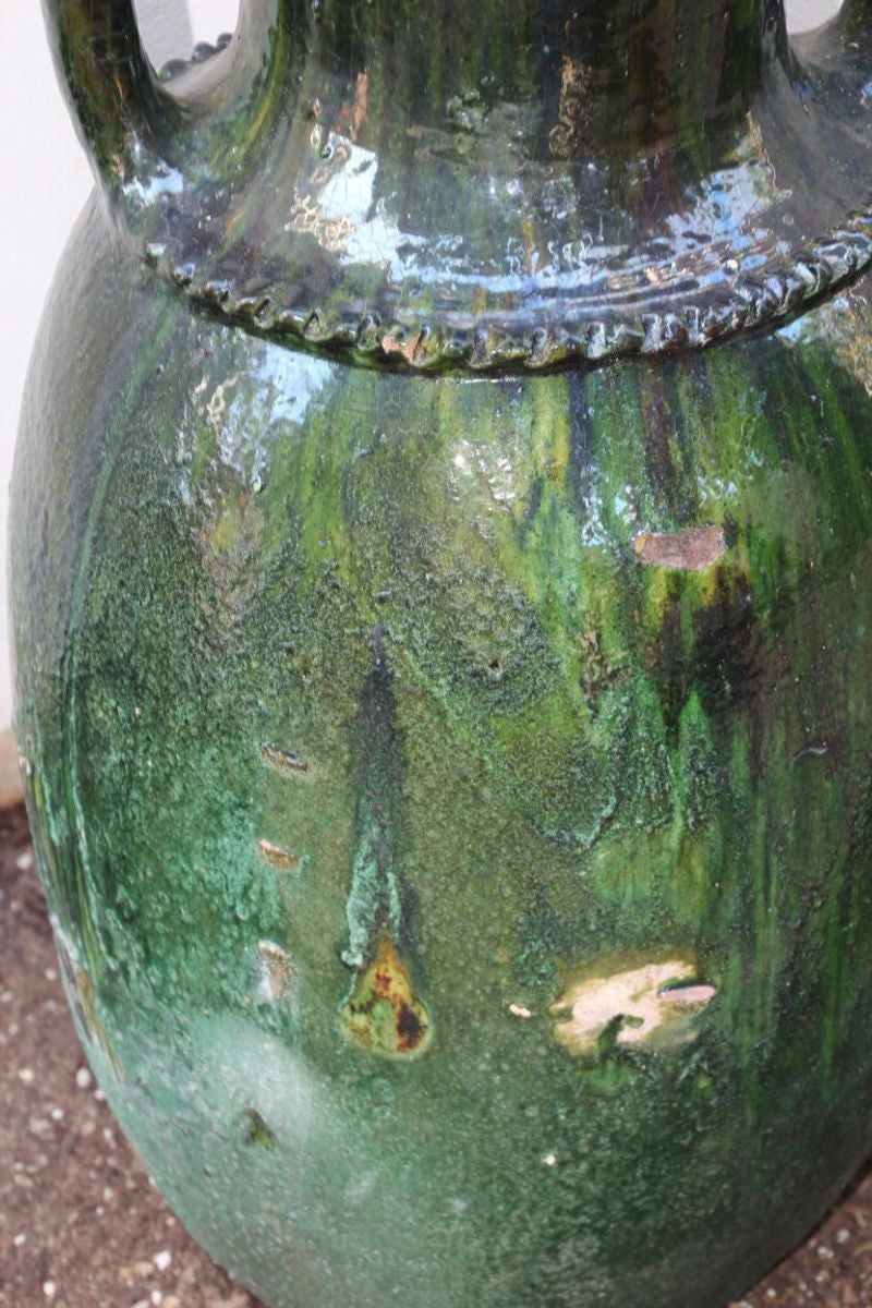 Moroccan Vintage Tamgroute Green Olive Jar with Handles