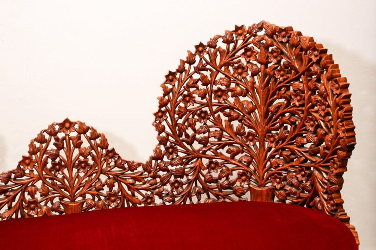 Anglo-Raj Settee with Open Back Hand Carved Tree of Life Back