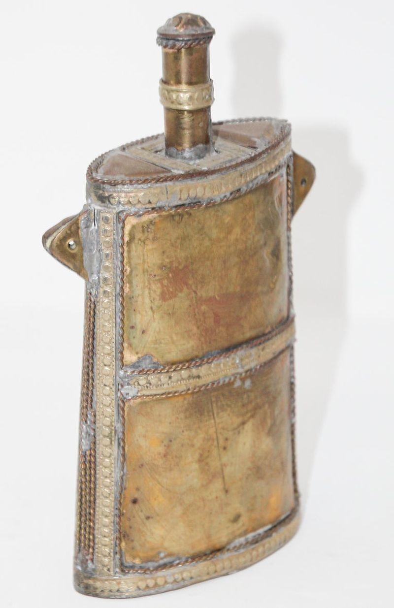 Moroccan Berber Tuareg Brass Powder Flask, Hand-Carved Folk Art, 1920