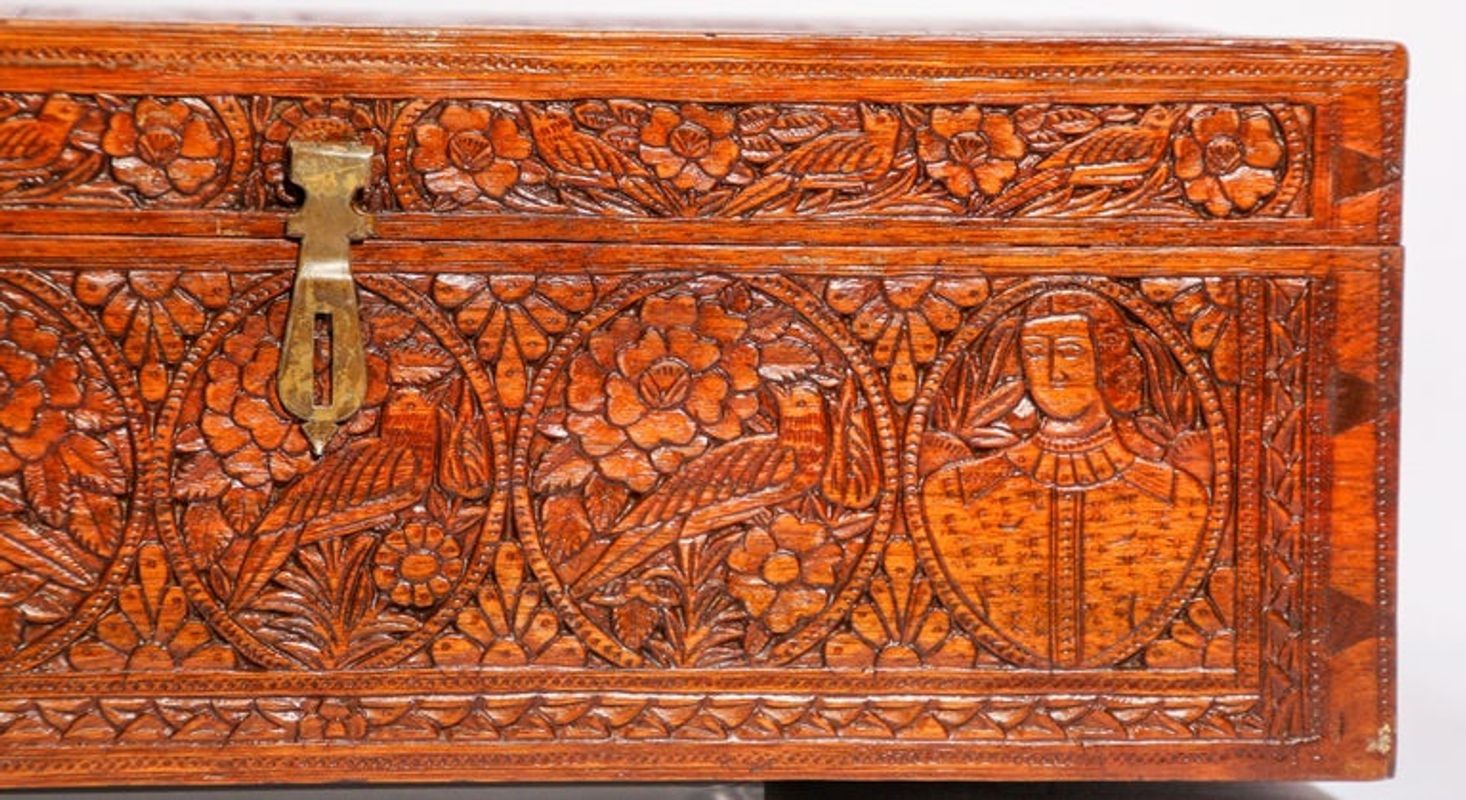 Large Early 19th Century Antique Hand Carved Wooden Mughal Decorative Box