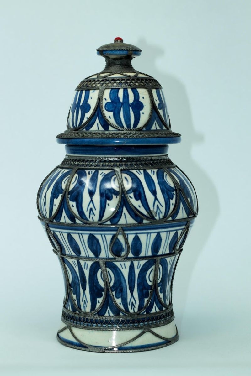 Moroccan Ceramic Vase from Fez Blue and White with Silver Filigree