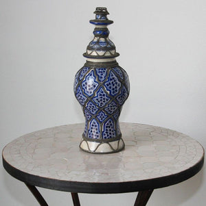 Antique Moroccan Ceramic Candlestick from Fez with Silver Filigree