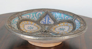 Antique Moroccan Ceramic Bowl Adorned with Moorish Silver Filigree from Fez