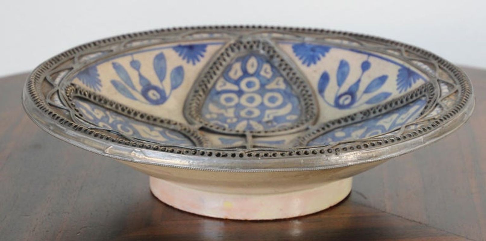 Moroccan Ceramic Blue Bowl Adorned with Silver Filigree from Fez Antique 1920s