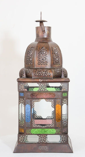 Moroccan Moorish Metal Lantern with Multicolor Glass