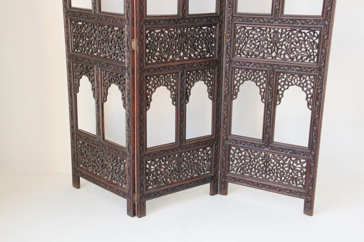 Anglo-Indian Mughal Hardwood Three-Panel Screen