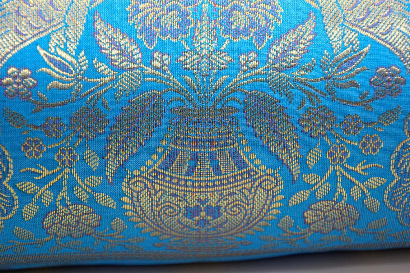 Bolster Pillows Turquoise Blue and Gold Colors with Peacock - A Pair