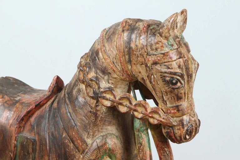 Pair of Monumental Indian Polychrome Carved Wood Horses on Wheels, 19th C.