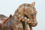 Pair of Monumental Indian Polychrome Carved Wood Horses on Wheels, 19th C.