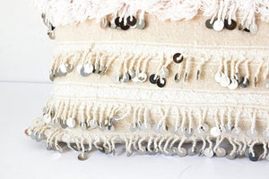 Vintage Moroccan White Pillow with Silver Sequins and Long Fringes