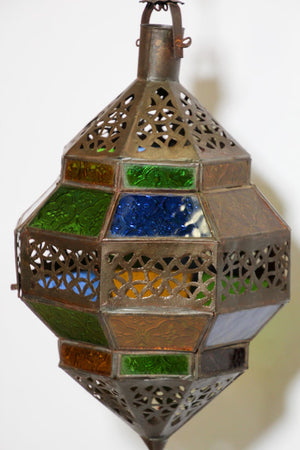 Handcrafted Moroccan Metal and Multi-Color Glass Lantern Octagonal Diamond Shape