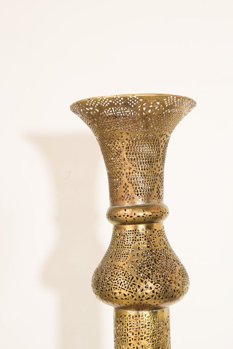 Monumental Middle Eastern Mamluk Revival Pierced Brass Floor Candlestick