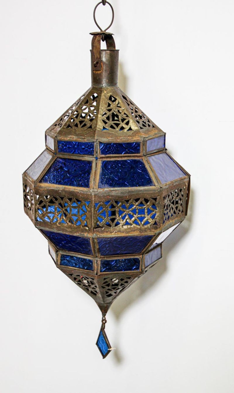 Handcrafted Moroccan Blue Glass Lantern Metal Octagonal Diamond Shape