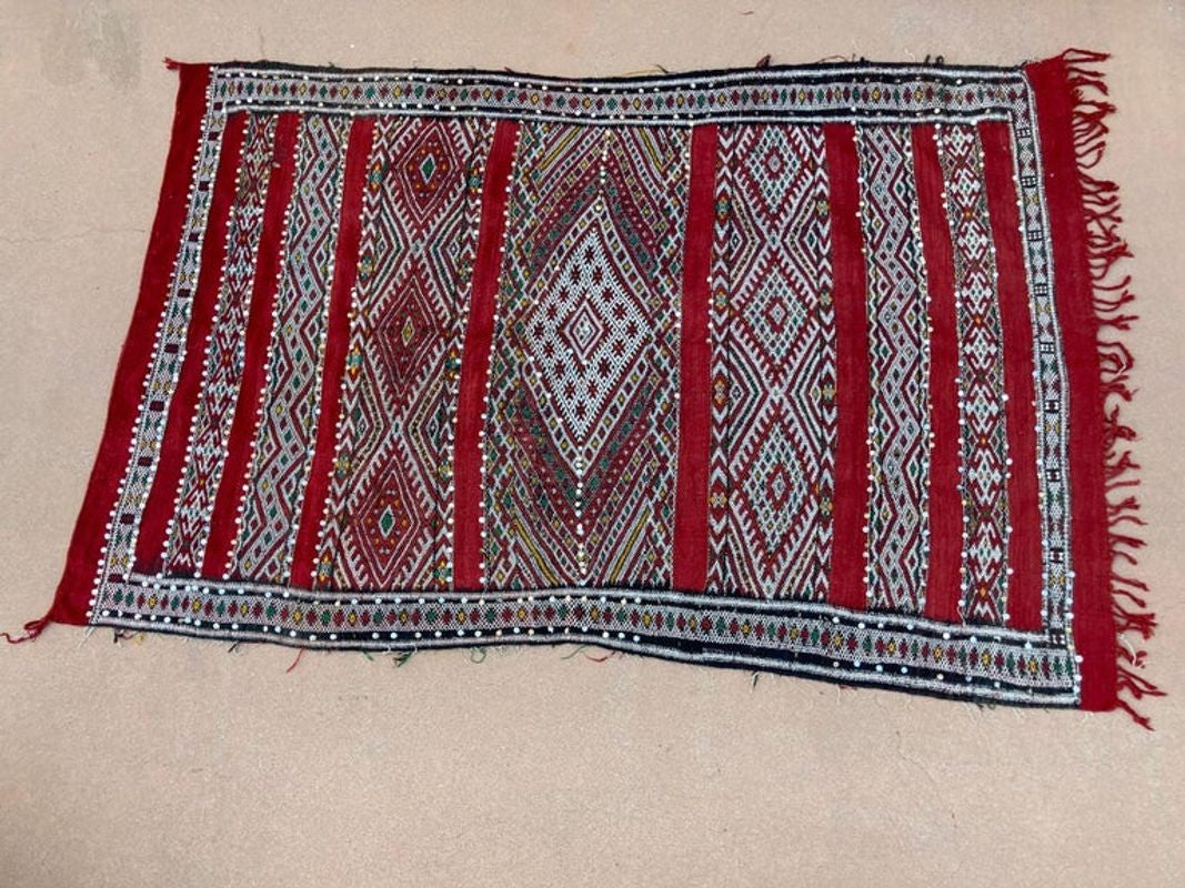 1960s Authentic Moroccan Ethnic Rug with Sequins North Africa, Handira
