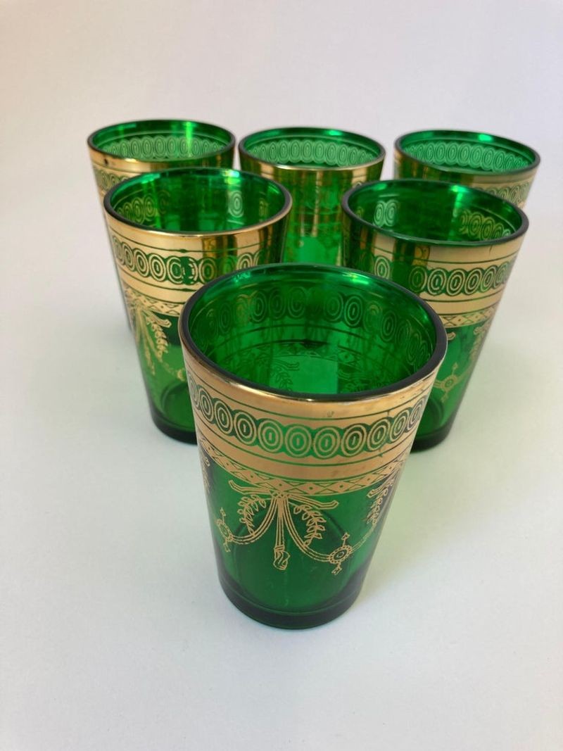 Set of Six Handblown Moroccan Moorish Green and Gold Glasses