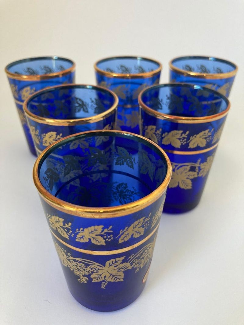 Set of Six Handblown Moorish Blue and Gold Glasses