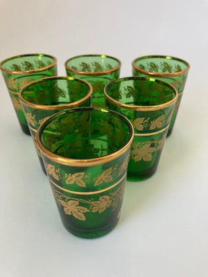 Set of Six Handblown Italian Moorish Green with Gold Shot Glasses