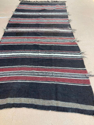 Moroccan Vintage Flat-Weave Black Camel Hair Tribal Rug