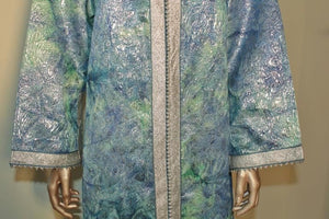 Moroccan Moorish Caftan Maxi Dress Brocade Aquamarine Blue and Silver Size M L