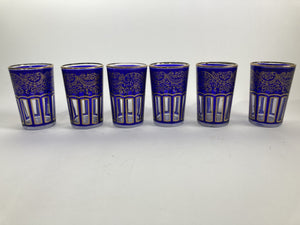 Moroccan Royal Blue Shot Glasses with Gold Moorish Design Set of 6 Barware