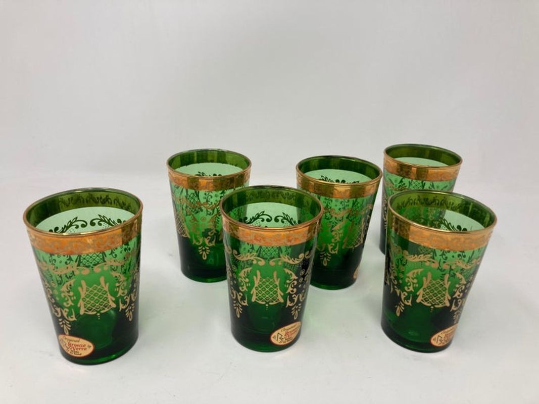 Set of Six Handblown Moorish Green and Gold Tea Glasses