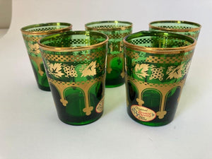 Set of Six Handblown Moroccan Green and Gold Glasses