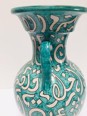 Large Moroccan Glazed Ceramic Vase With Arabic Calligraphy Turquoise Writing Fez