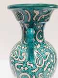 Large Moroccan Glazed Ceramic Vase With Arabic Calligraphy Turquoise Writing Fez