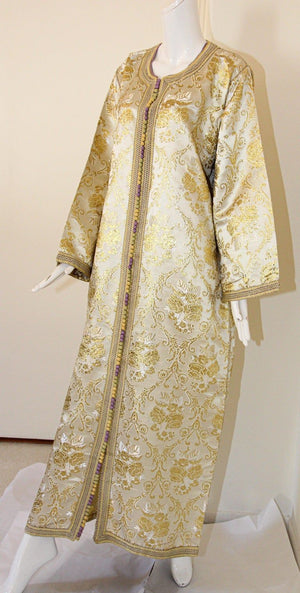 Moroccan Vintage Caftan in Gold Metallic Brocade, Maxi Gown Dress Kaftan