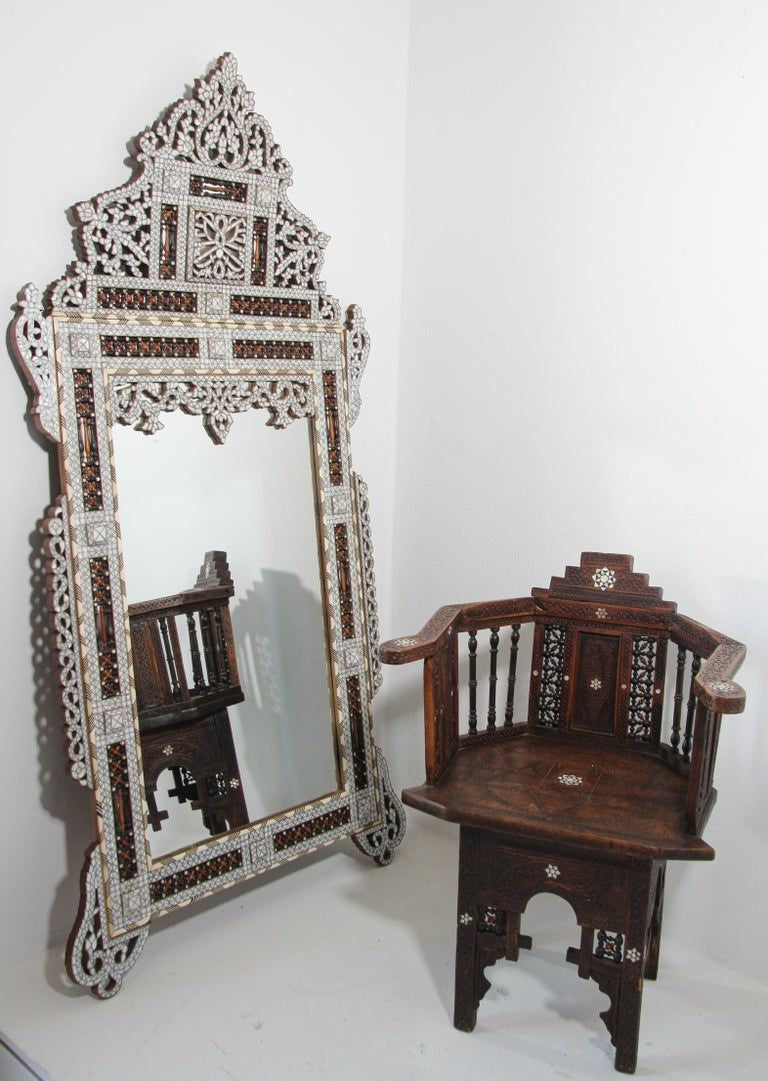 White Shell Inlaid Antique Middle Eastern Damascene Syrian Mirror 66"