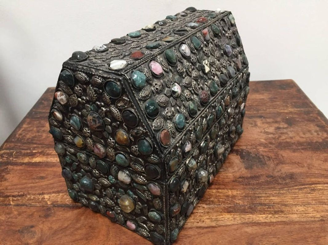 Large Moroccan Wedding Silvered Jewelry Box Inlaid with Semi-Precious Stones