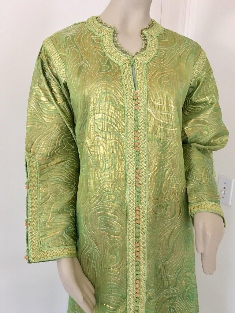Moroccan Kaftan in Green and Gold Brocade Metallic Lame