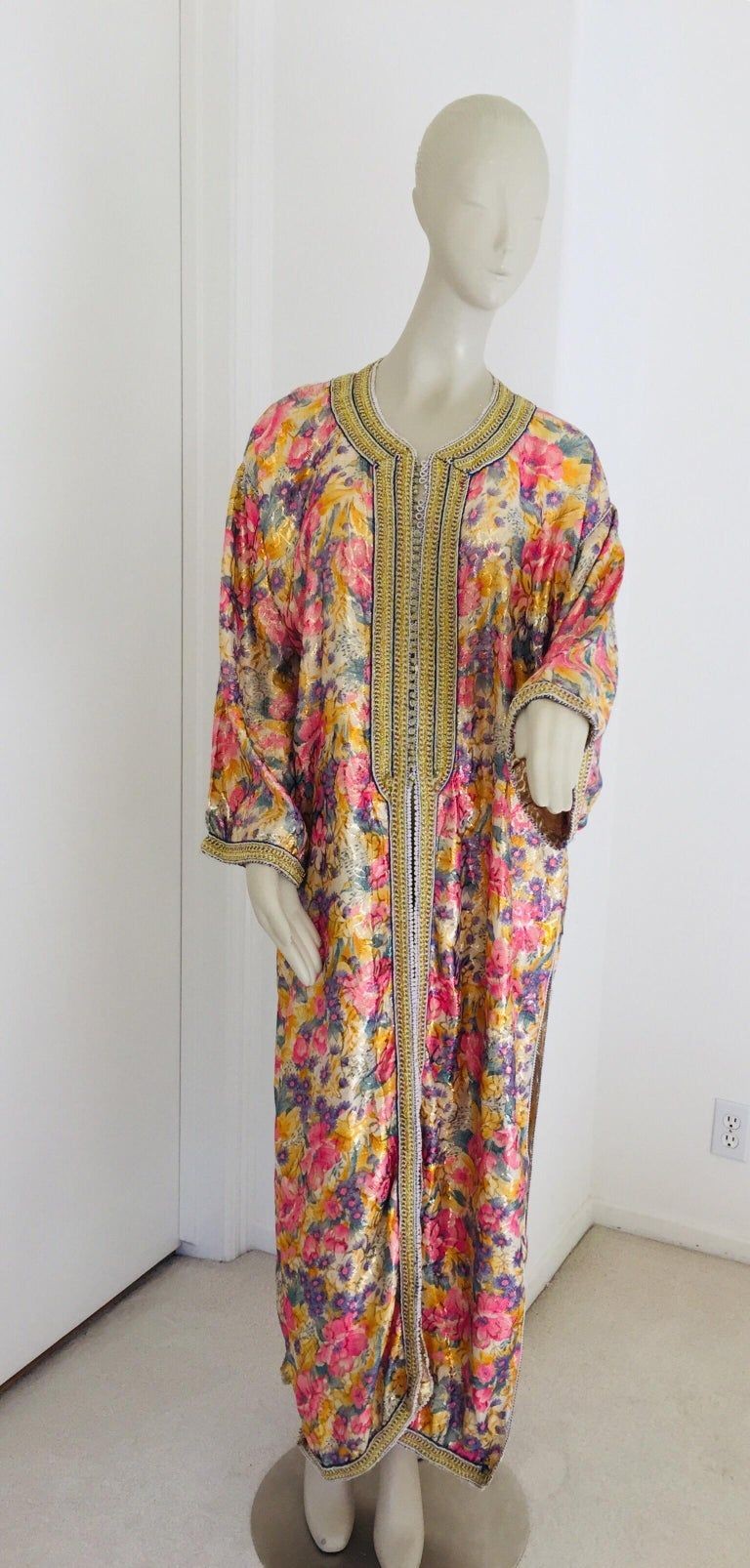 Vintage Moroccan Caftan Metallic Floral Silk Brocade