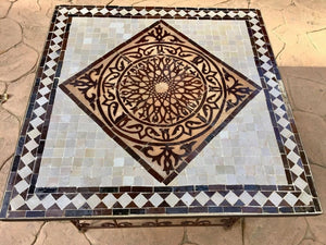 Moroccan Mosaic Tile Side table on Iron Base, Brown and White
