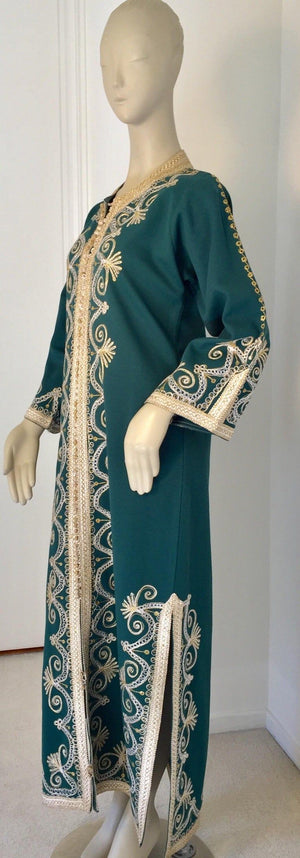 Vintage Moroccan Caftan Emerald Green Maxi Dress, circa 1970 Size M