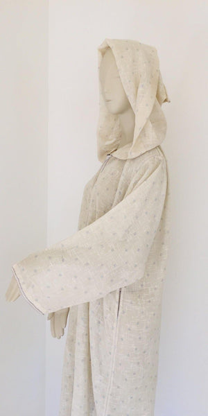 1970 Moroccan Hooded Caftan White and Blue Linen Djellabah Kaftan