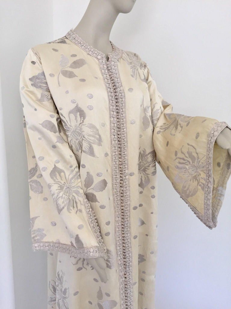 1960's Vintage Moroccan Caftan with Silver Metallic Floral Silk Brocade